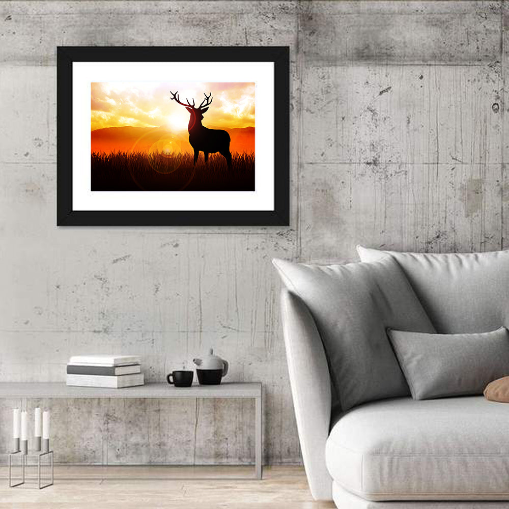 Golden Hour Deer Silhouette Wall Art in a room, landscape