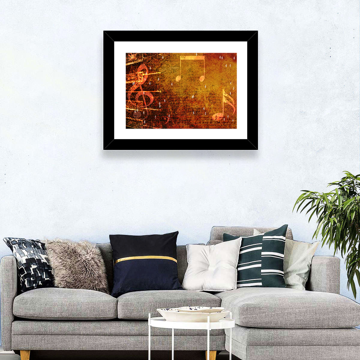 Grunge Sheet Music Collage Wall Art in a room, landscape
