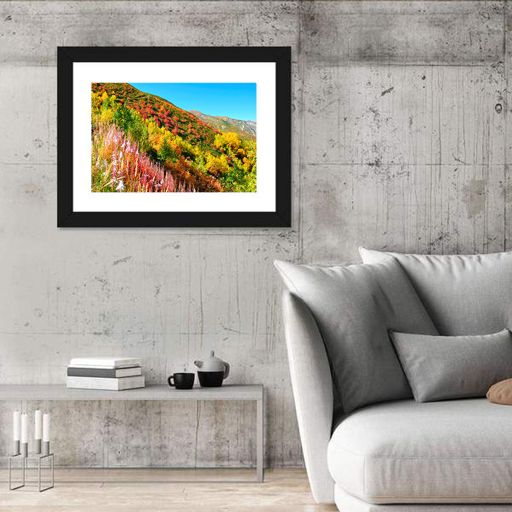 Svaneti Autumn Mountain Landscape Wall Art in a room, landscape