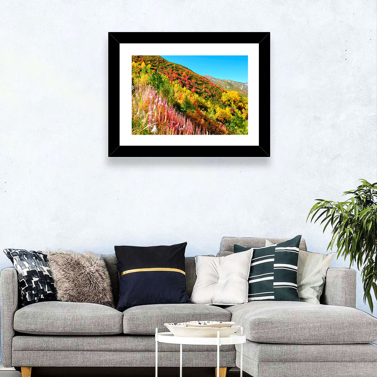 Svaneti Autumn Mountain Landscape Wall Art in a room, landscape