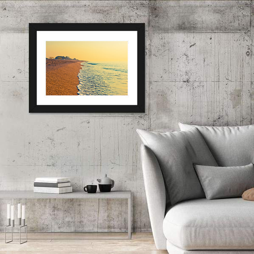 Tranquil Beach Sunrise Wall Art in a room, landscape