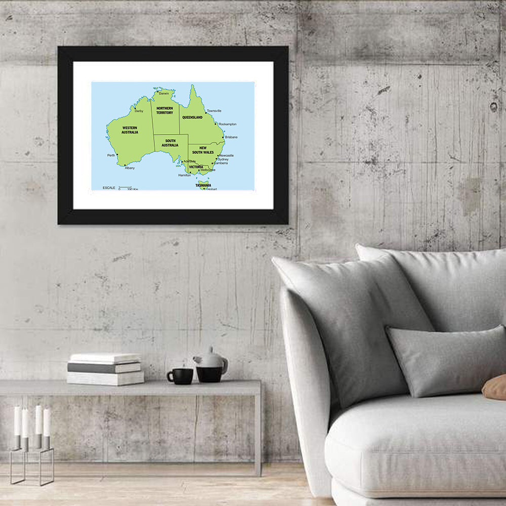 Minimalist Australia Map with State Labels Wall Art in a room, landscape