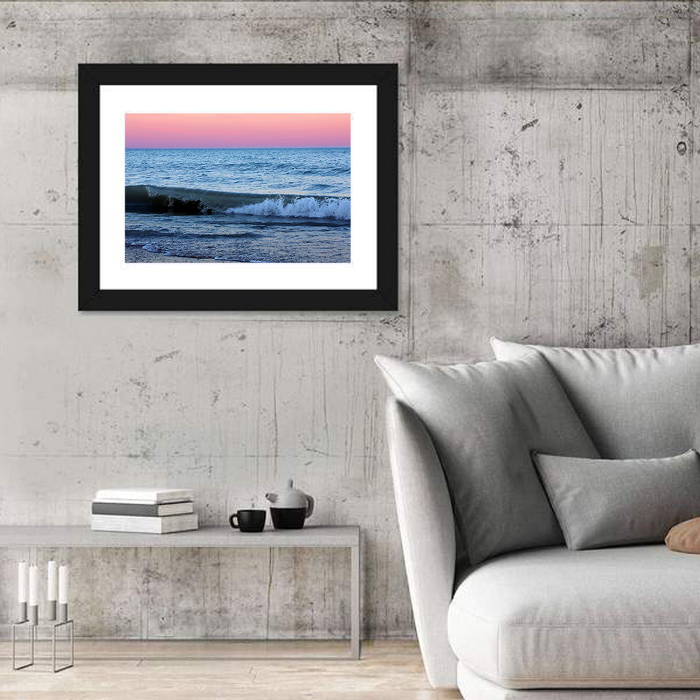 Lake Michigan Sunset with Sailboat Wall Art in a room, landscape