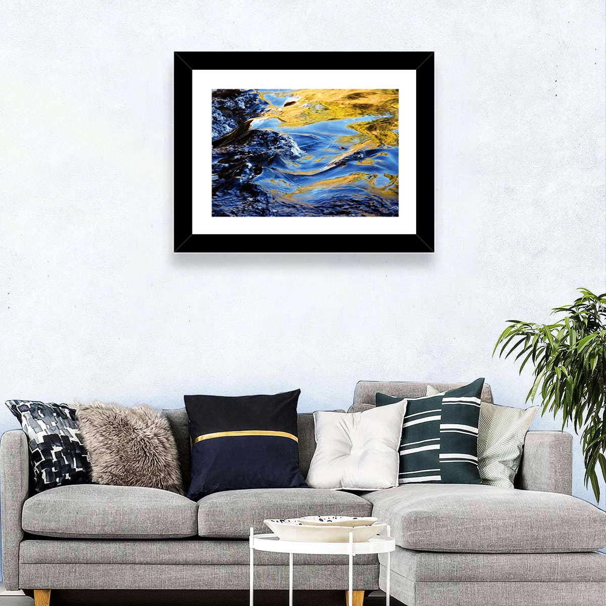 Flowing Stream with Golden Reflections Wall Art in a room, landscape
