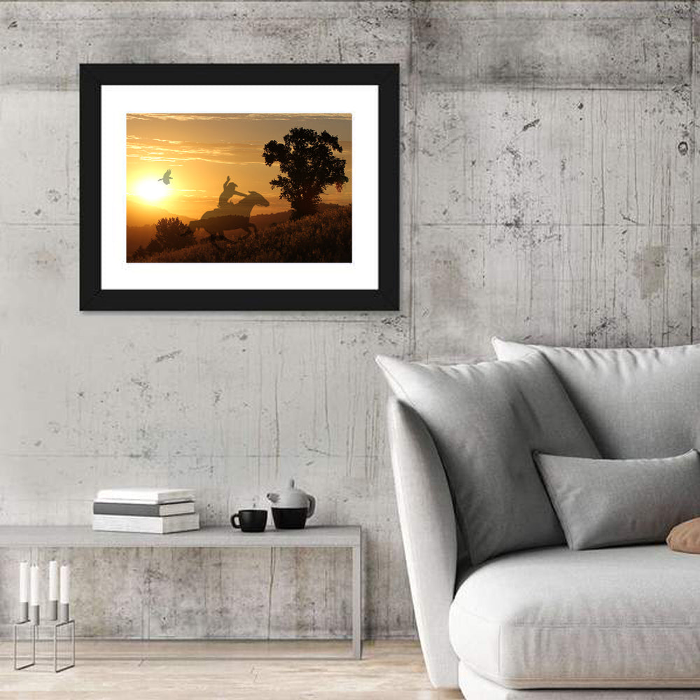 Cowboy Silhouette at Golden Sunset Wall Art in a room, landscape