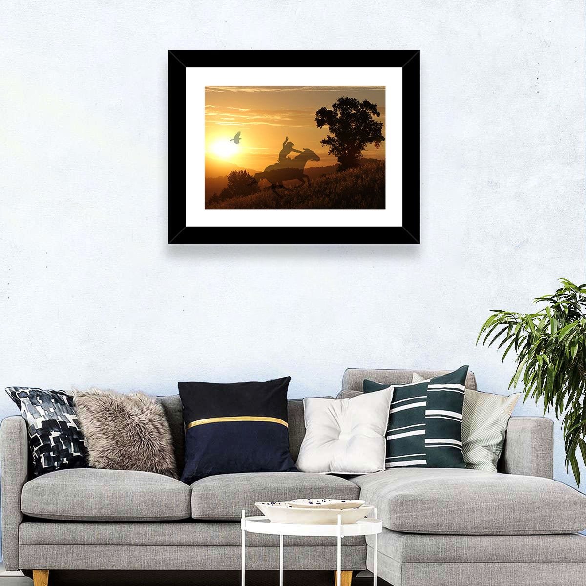 Cowboy Silhouette at Golden Sunset Wall Art