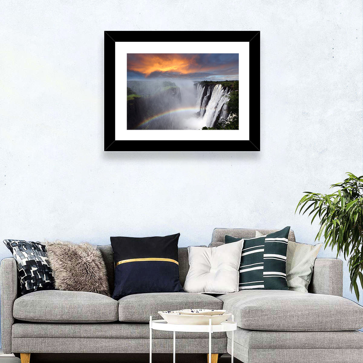 Victoria Falls Rainbow at Dusk Wall Art in a room, landscape