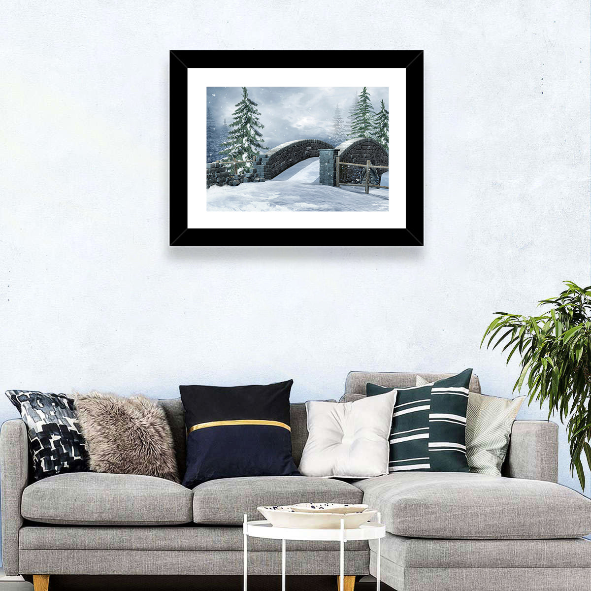 Snowy Stone Bridge in Winter Forest Wall Art