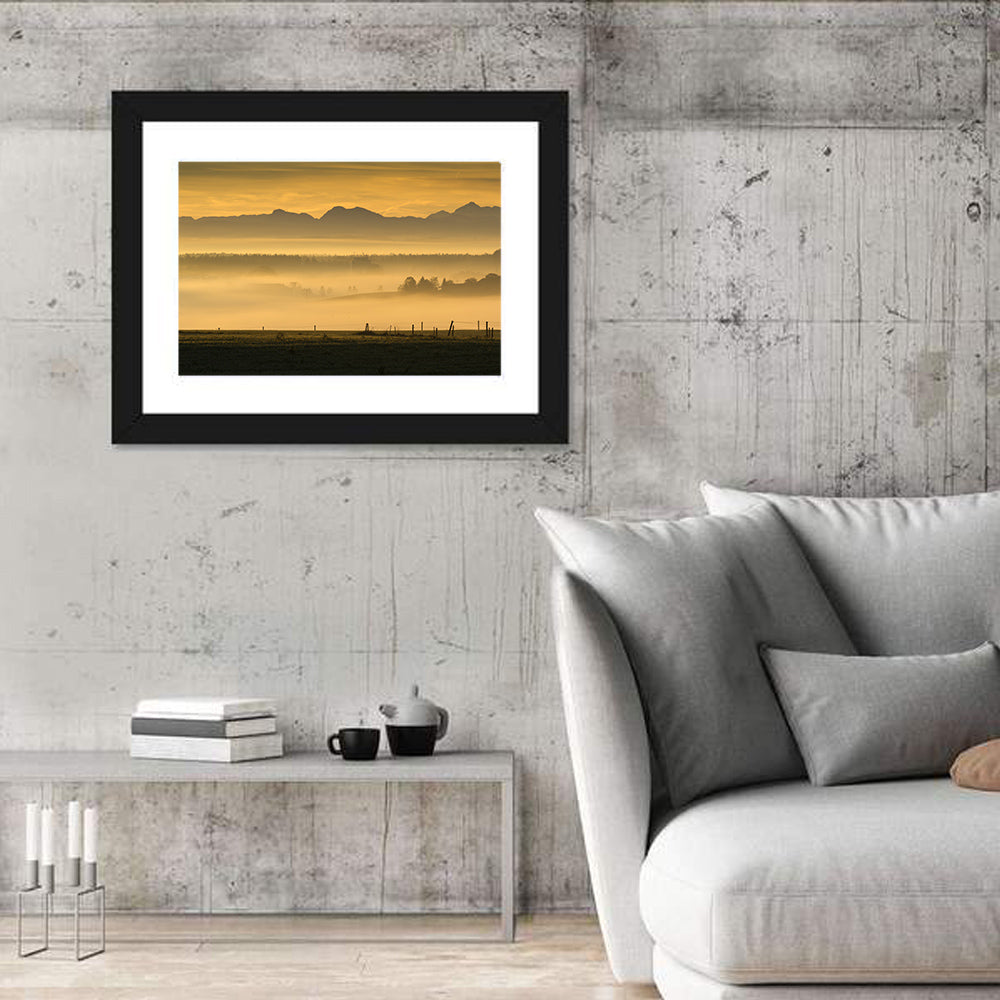 Bavarian Alps Morning Haze Wall Art in a room, landscape