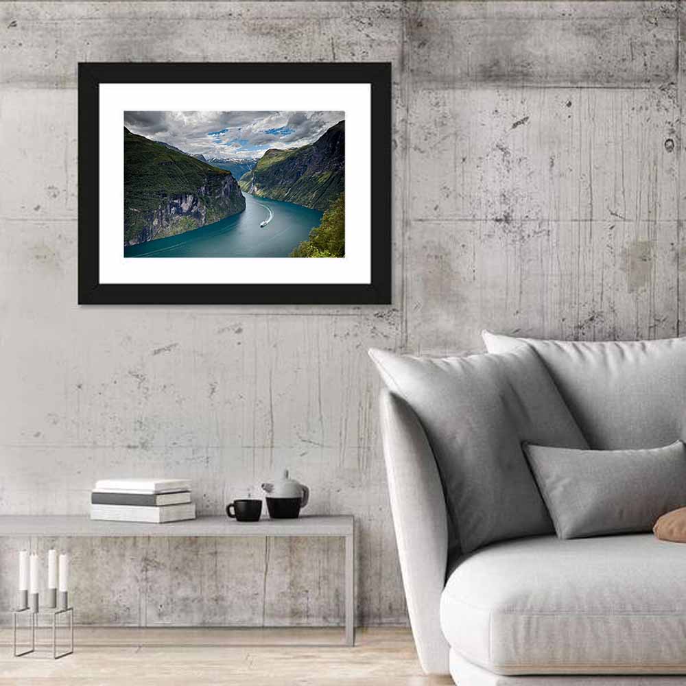 Geirangerfjord Boat Wake Wall Art in a room, landscape