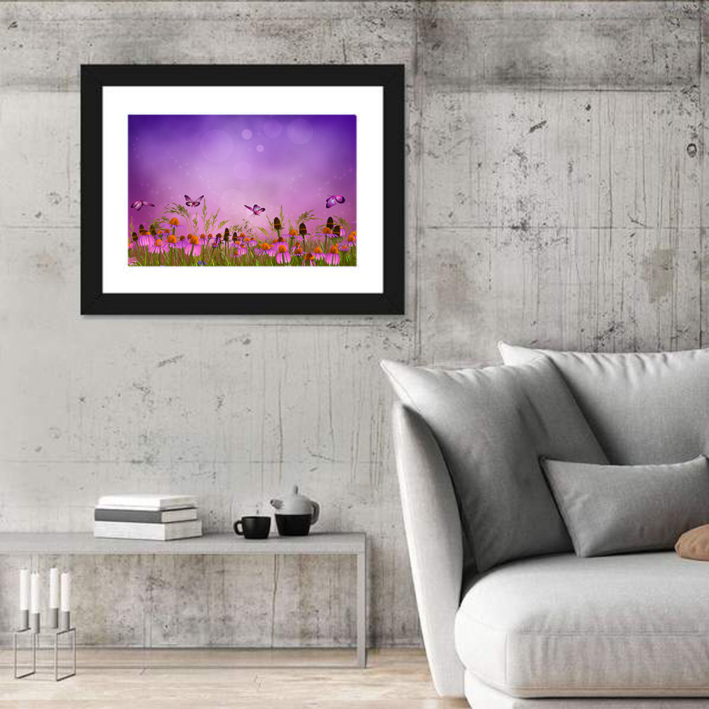 Purple Coneflower Butterfly Meadow Wall Art in a room, landscape