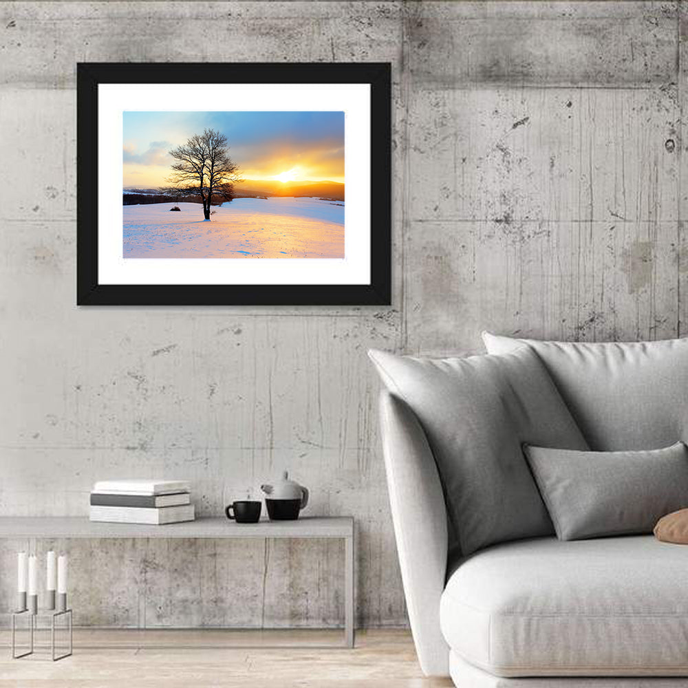 Snowy Winter Sunrise Wall Art in a room, landscape