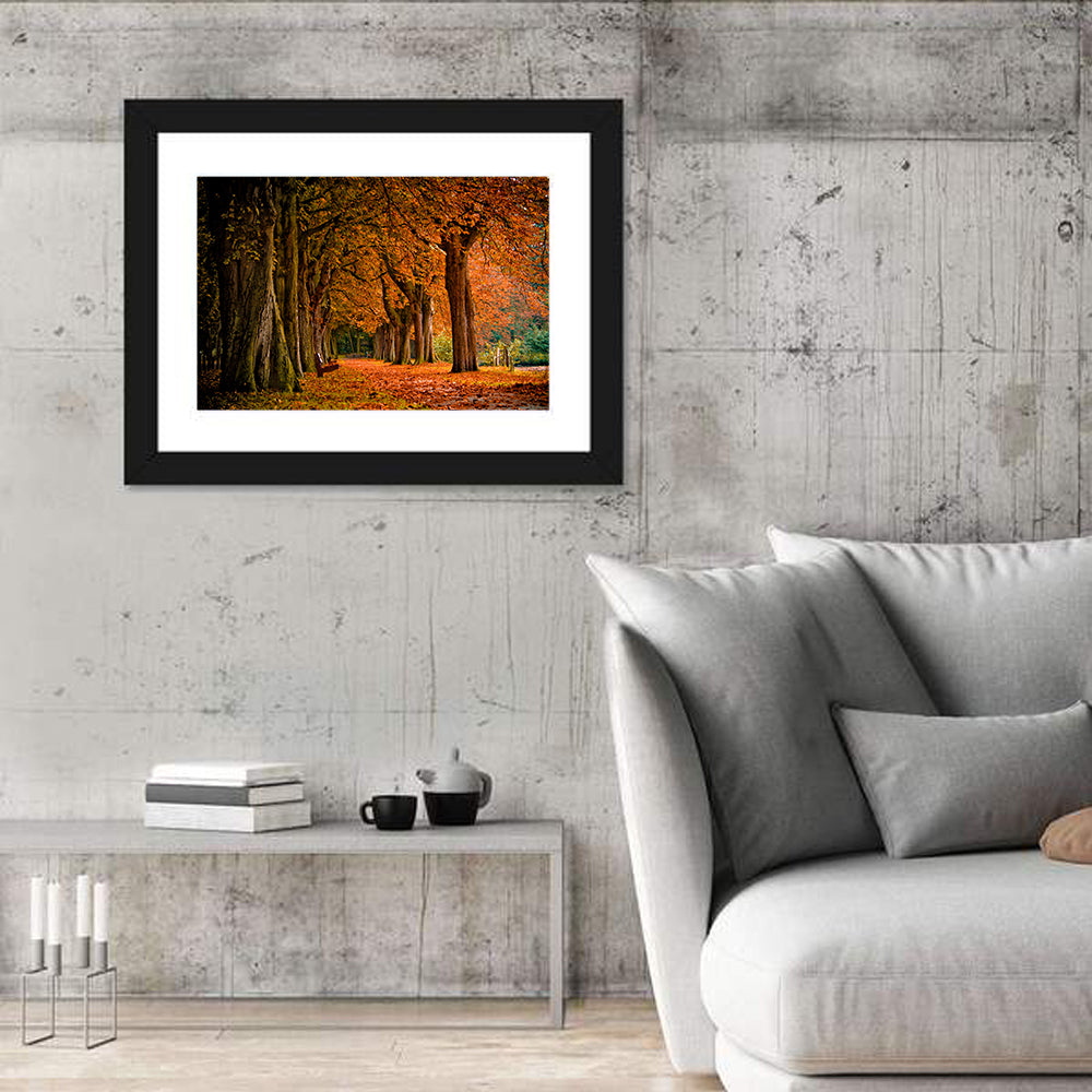 Autumn Forest Pathway Wall Art in a room, landscape