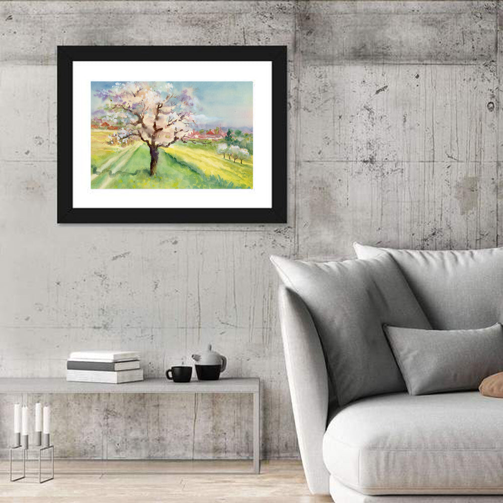 Spring Village Watercolor Wall Art in a room, landscape