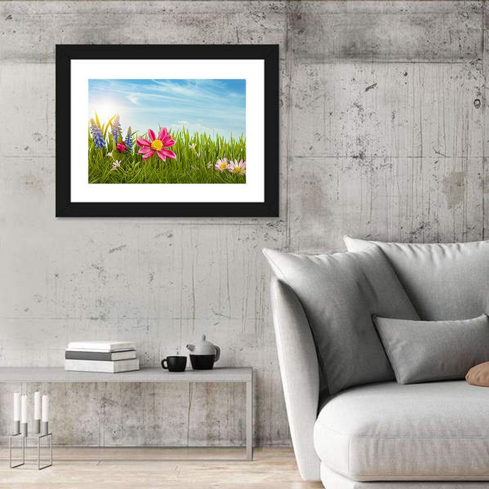 Pink Daisy and Blue Hyacinths in Spring Grass Wall Art