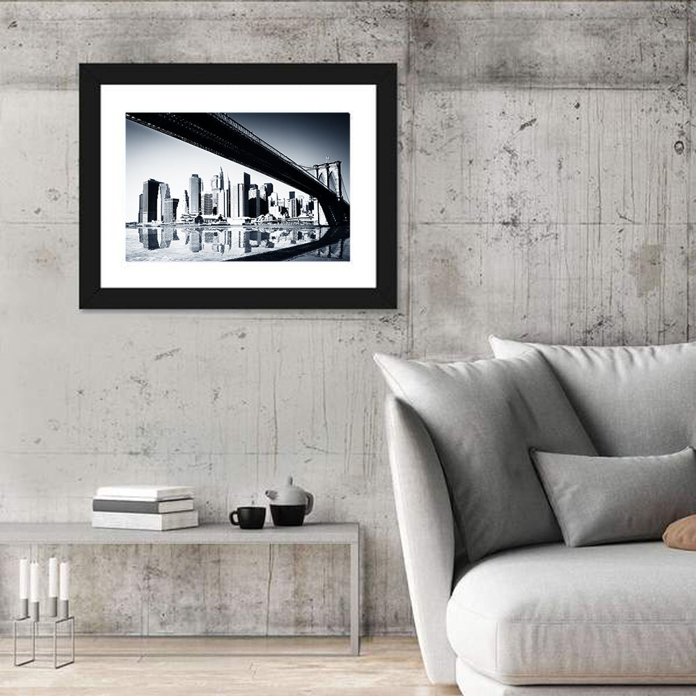 Brooklyn Bridge Low Angle Skyline Reflection Wall Art in a room, landscape