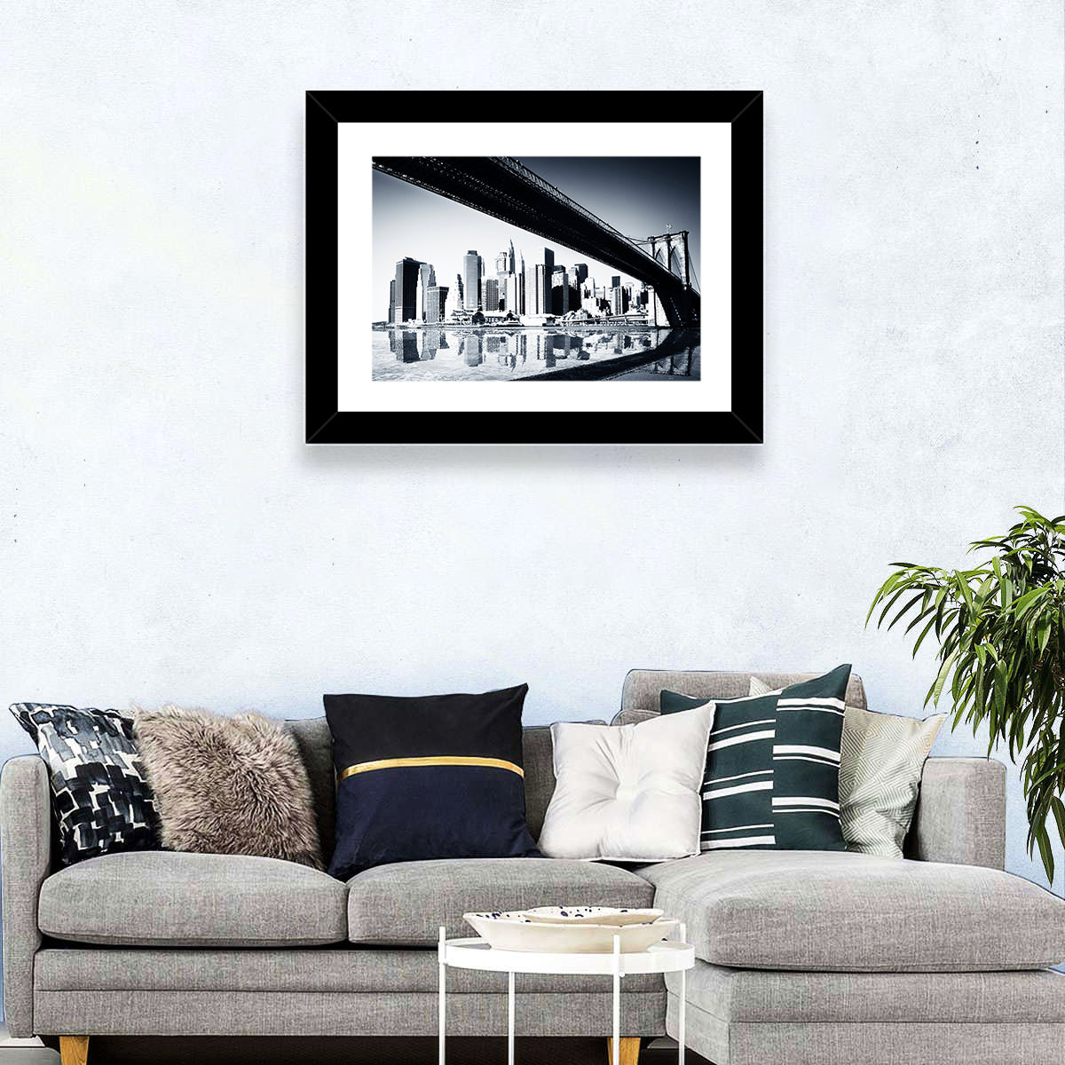 Brooklyn Bridge Low Angle Skyline Reflection Wall Art in a room, landscape