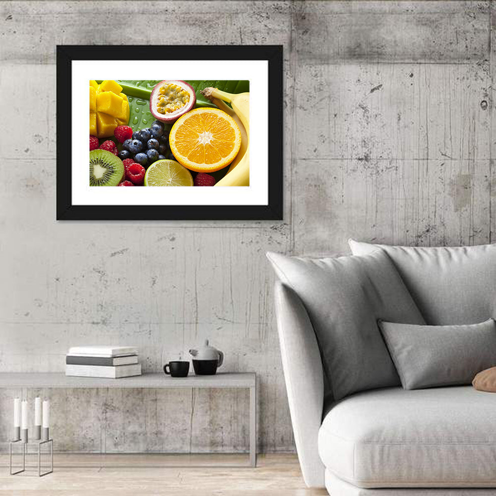 Vibrant Fresh Fruit Flat Lay Wall Art in a room, landscape