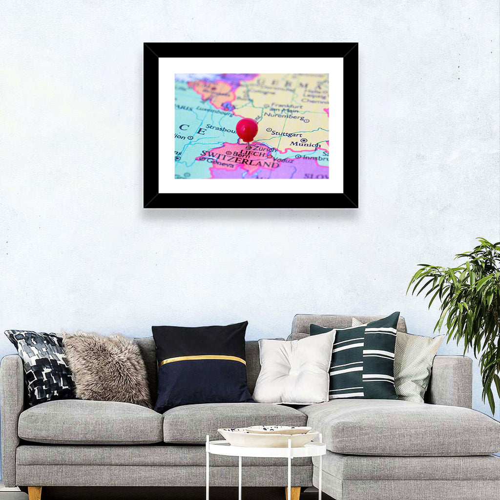 Zurich Map with Red Pin Wall Art
