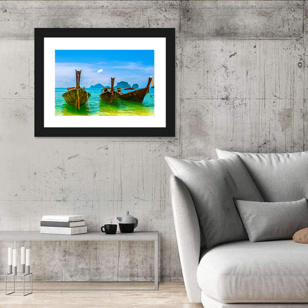 Three Long-tail Boats on Turquoise Water Wall Art in a room, landscape