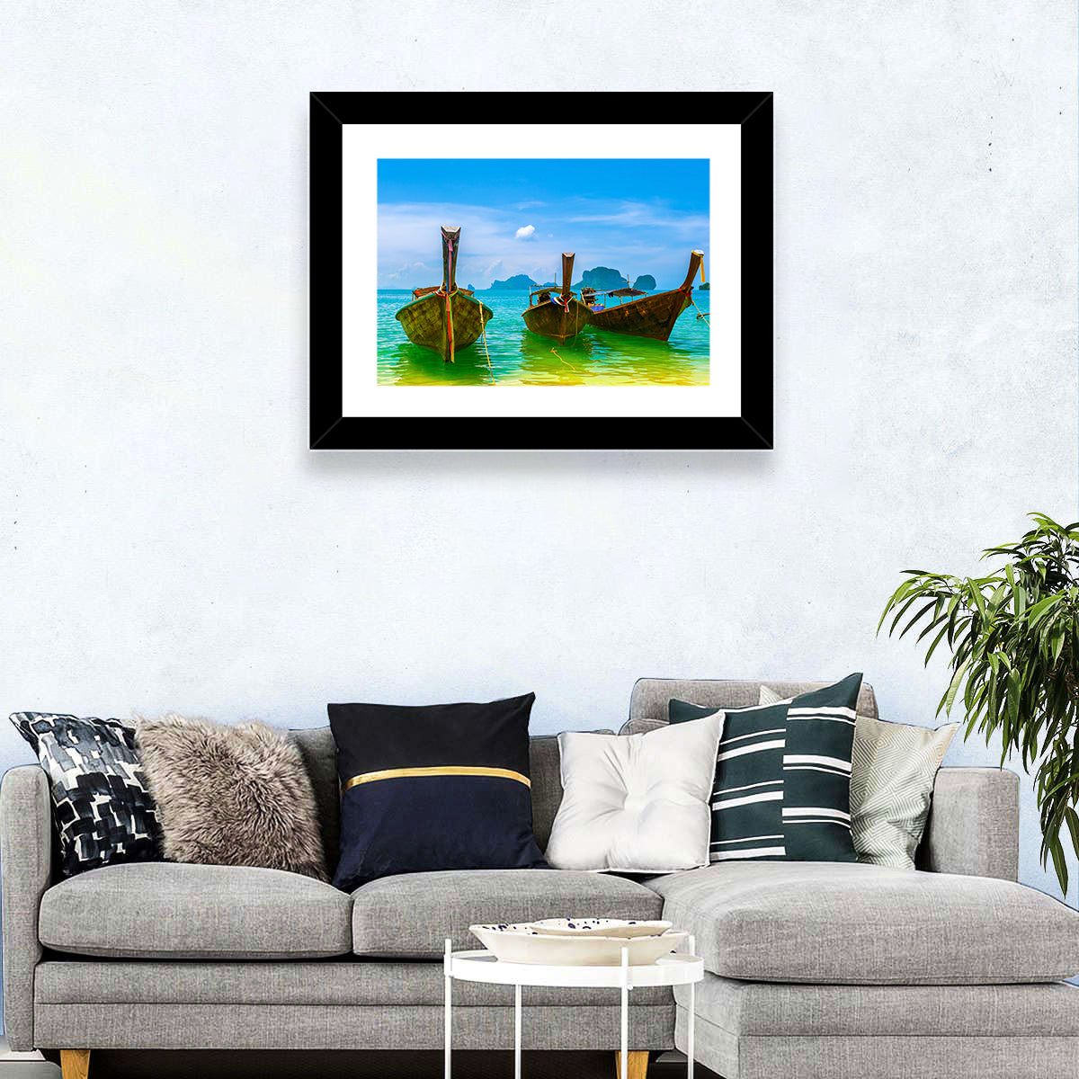 Three Long-tail Boats on Turquoise Water Wall Art