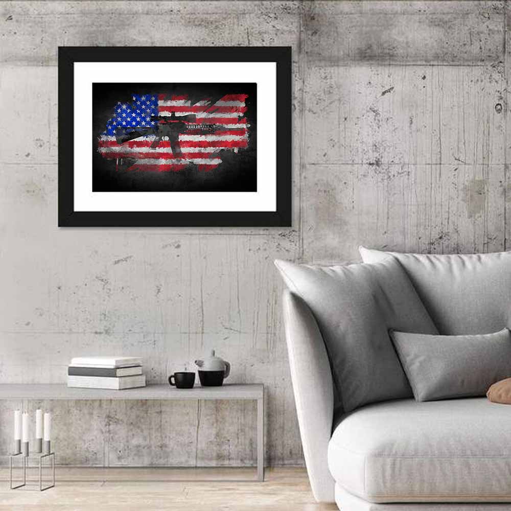 M16 Over Distressed American Flag Wall Art