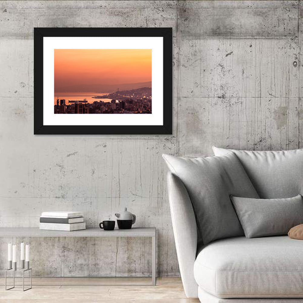 Beirut Sunset Skyline Wall Art in a room, landscape