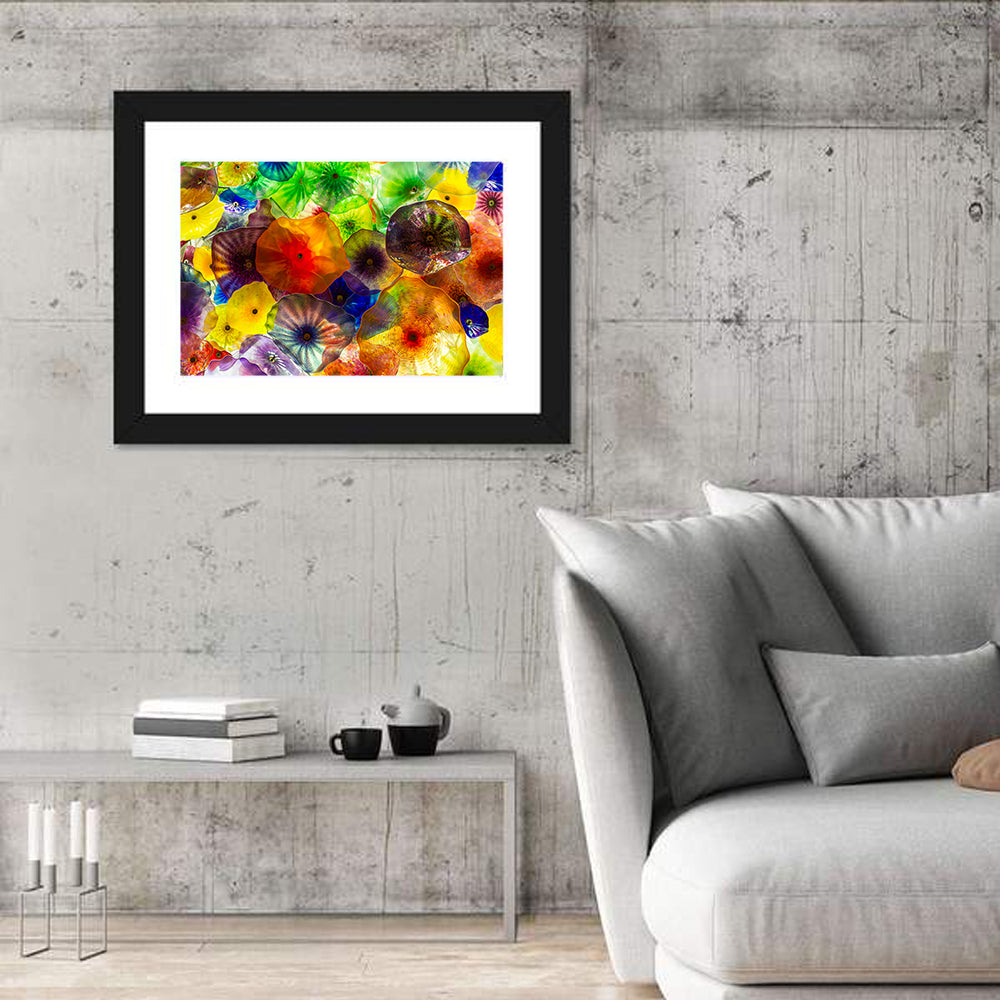 Kaleidoscopic Glass Bloom Abstract Wall Art in a room, landscape