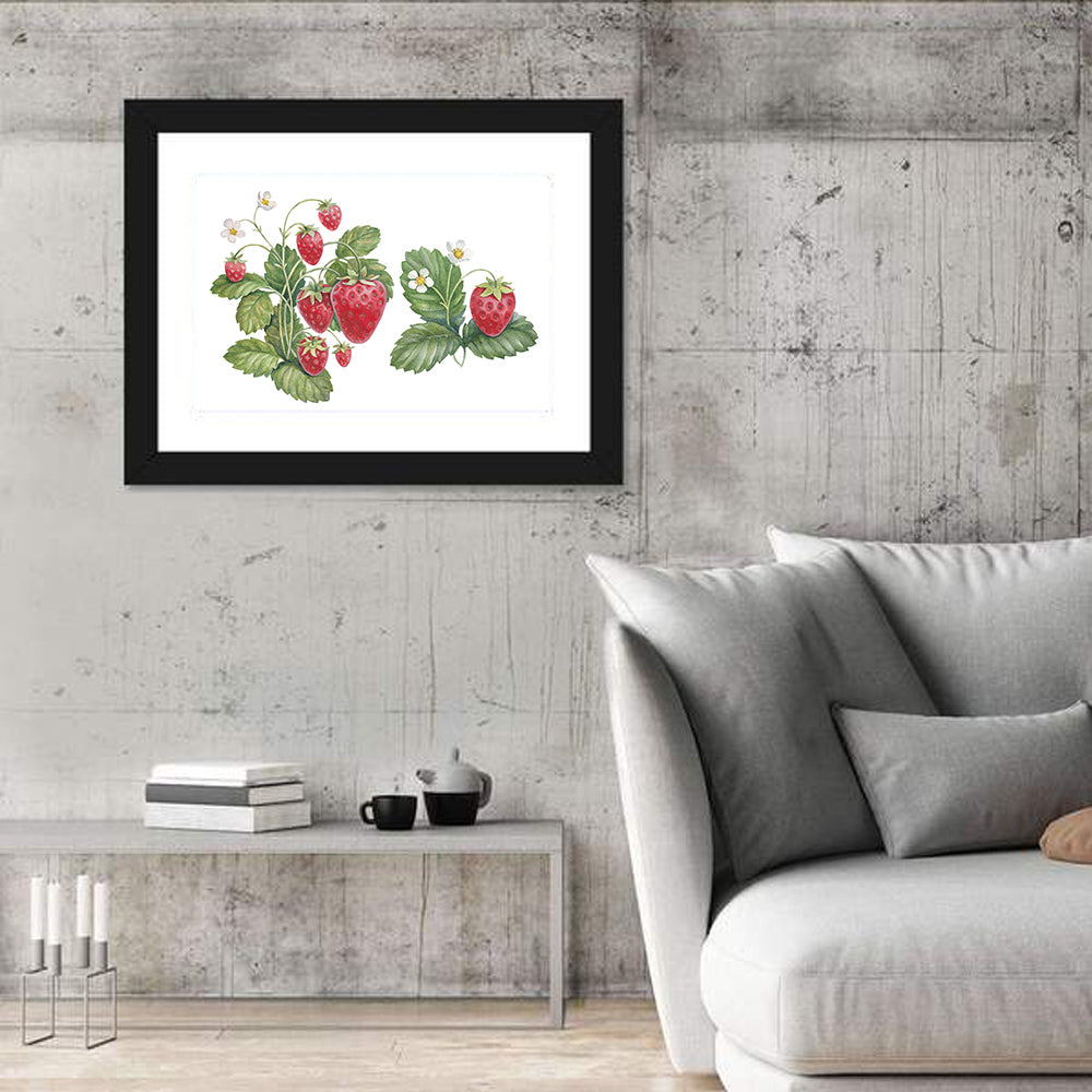 Fresh Strawberry Botanical Illustration Wall Art in a room, landscape