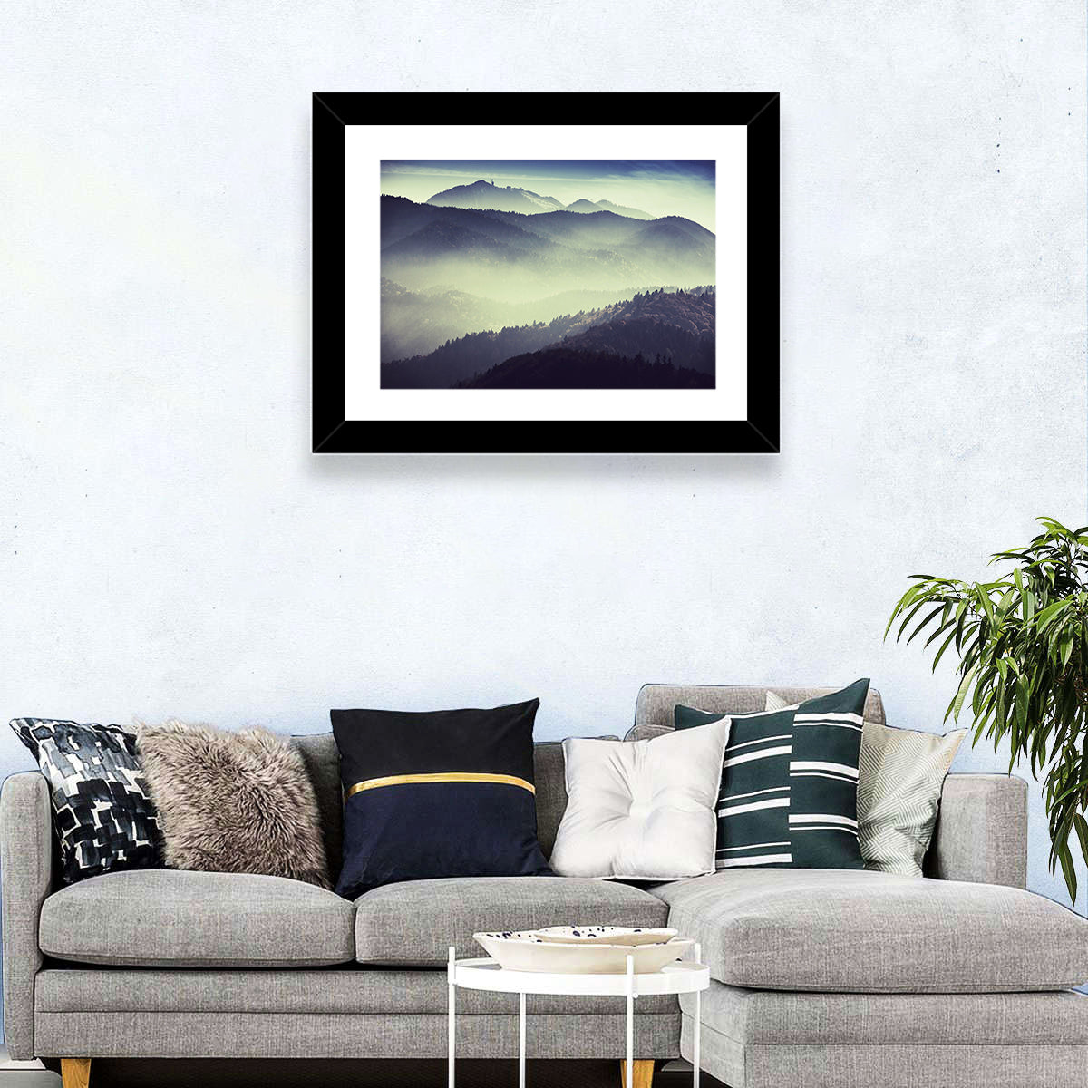 Foggy Forest Valley Wall Art in a room, landscape