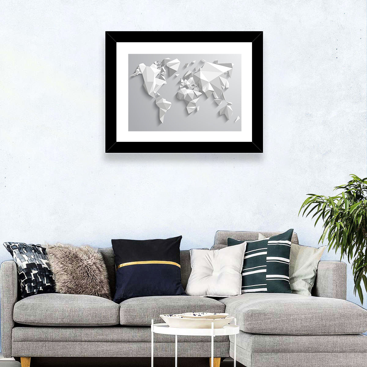 Faceted Triangular World Map Wall Art in a room, landscape