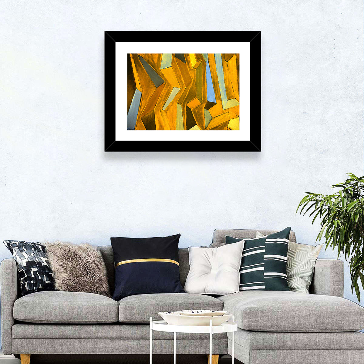 Golden Blocks Abstract Wall Art in a room, landscape