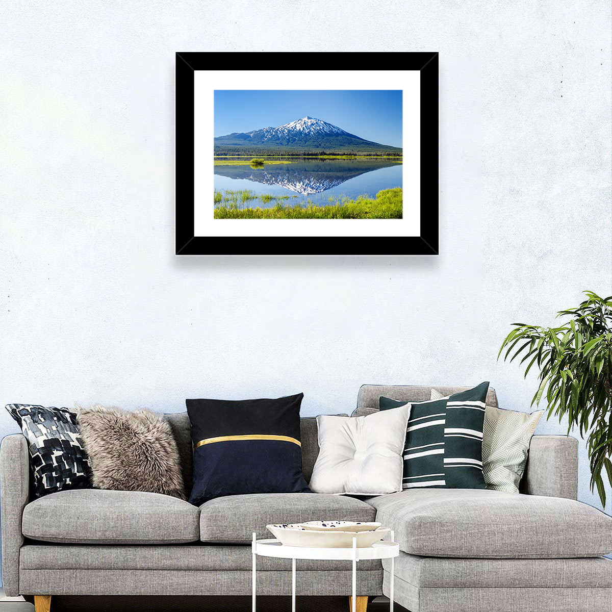 Mount Bachelor Lake Reflection Wall Art in a room, landscape