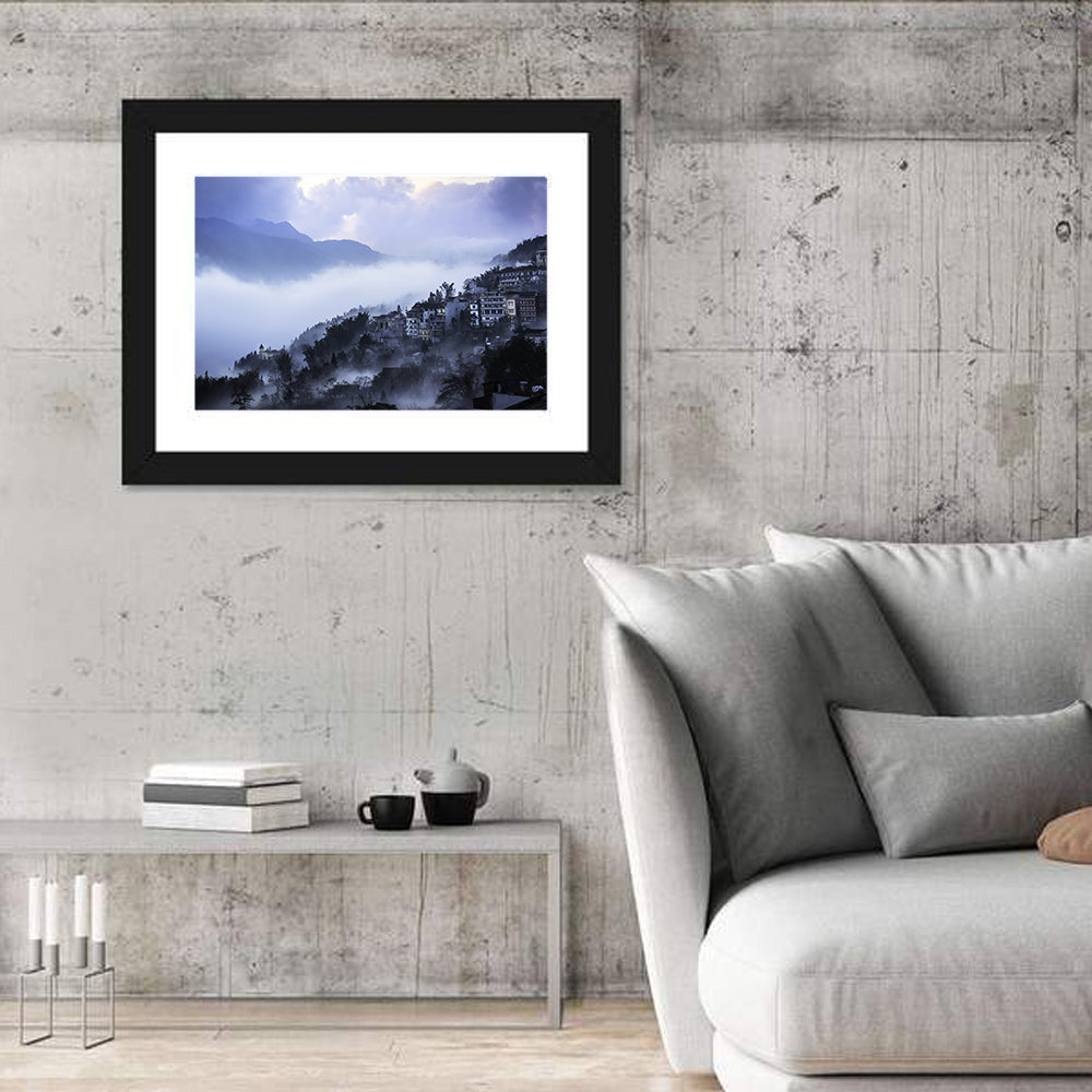 Misty Hillside Town Wall Art in a room, landscape