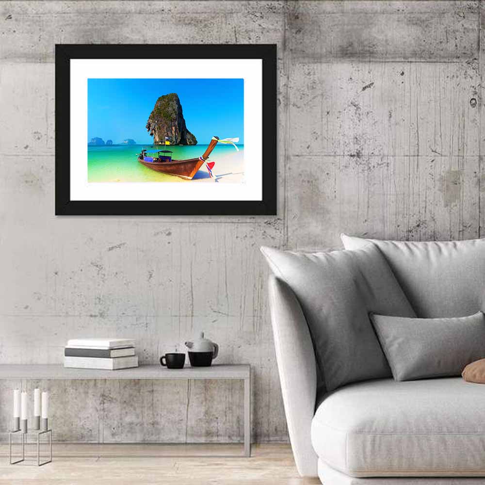 Thailand Long-tail Boat Seascape Wall Art in a room, landscape