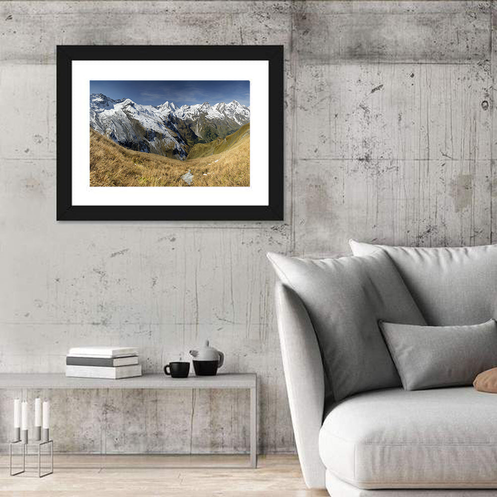 Crisp Alpine Valley with Snow-capped Peaks Wall Art