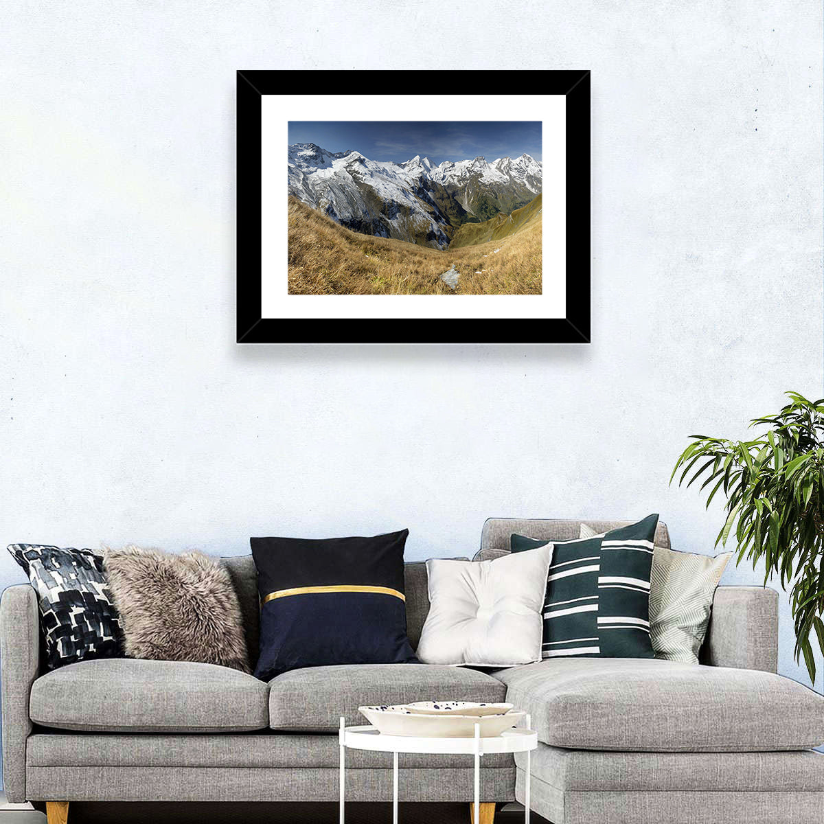 Crisp Alpine Valley with Snow-capped Peaks Wall Art in a room, landscape