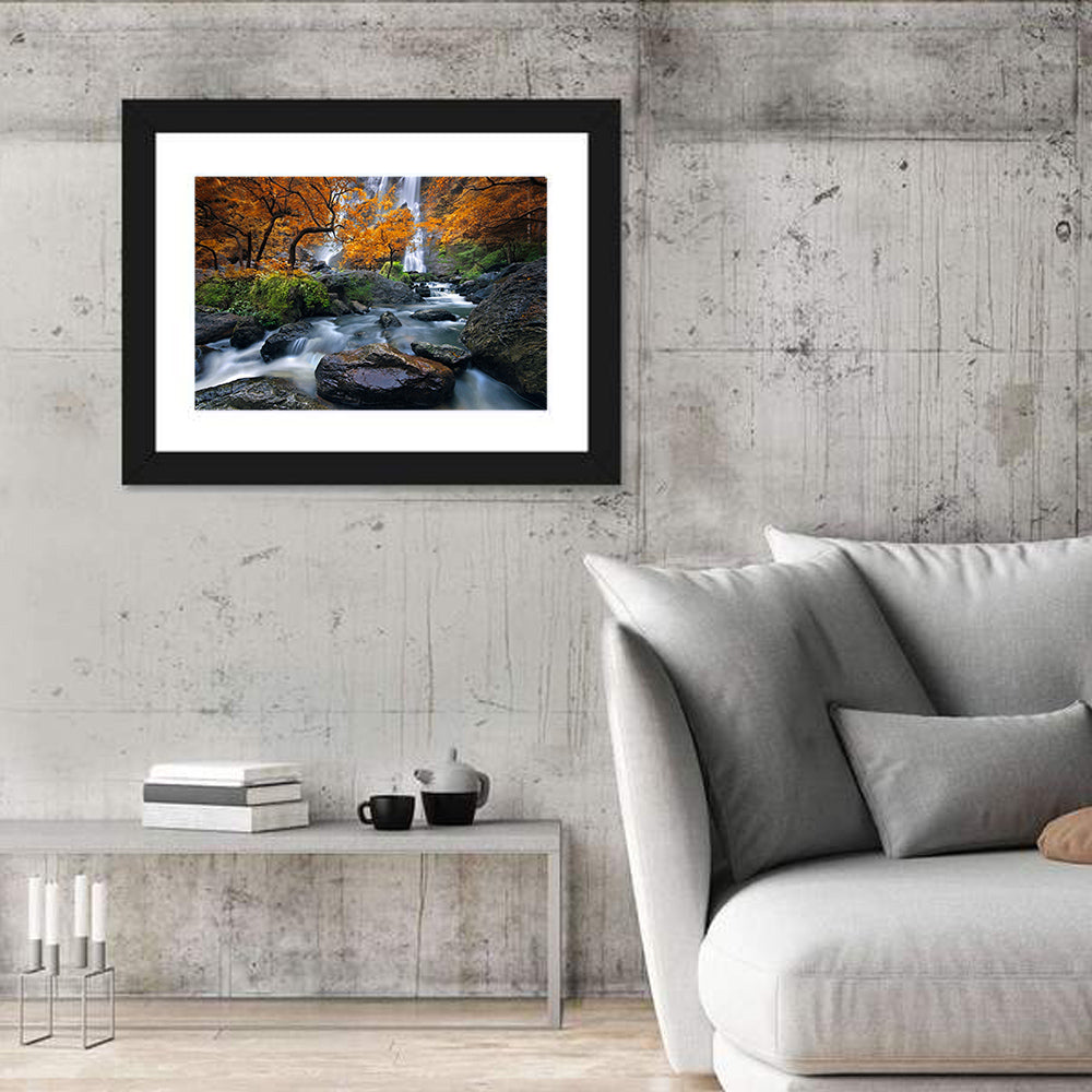 Konglan Autumn Waterfall Wall Art in a room, landscape