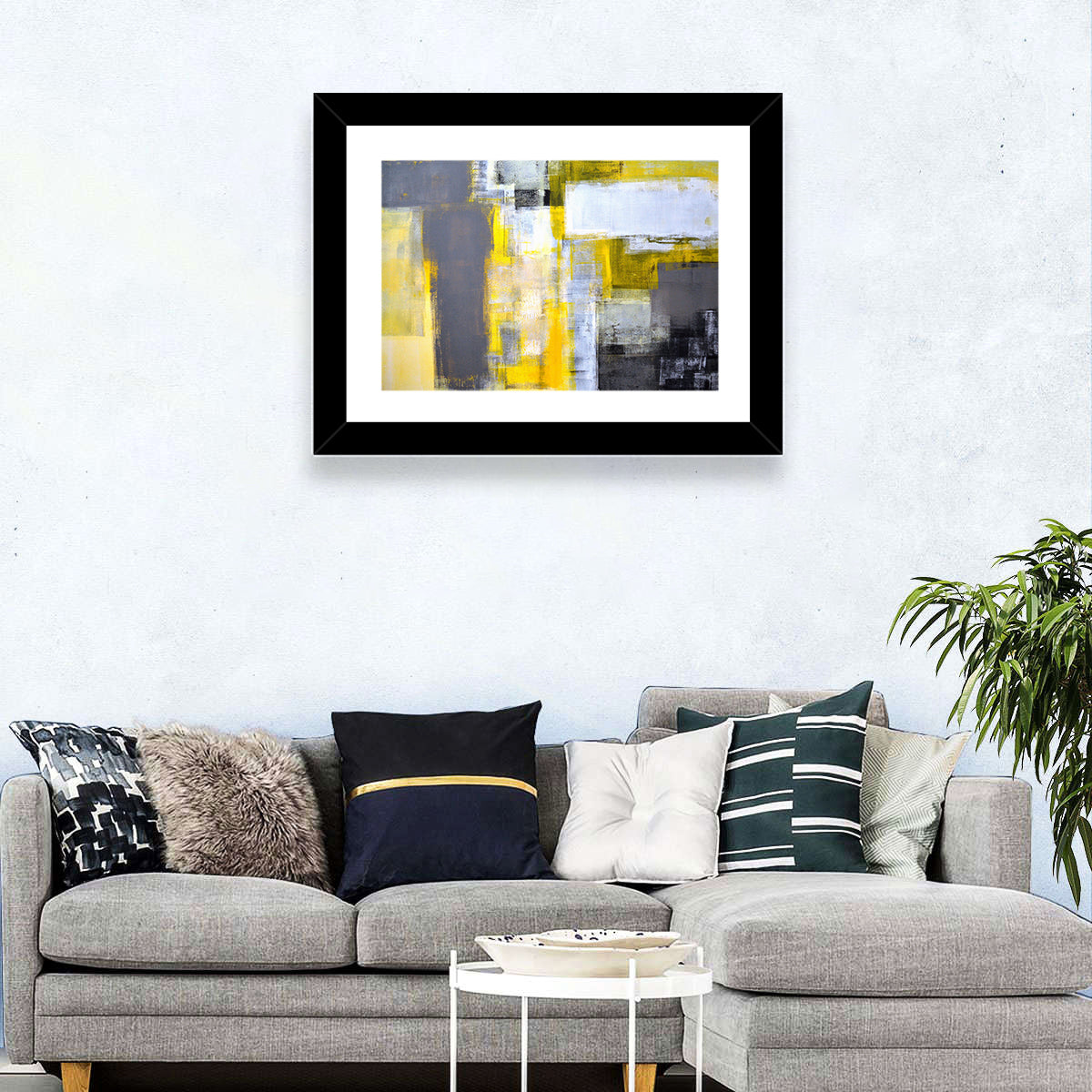 Yellow and Gray Color Block Abstract Wall Art in a room, landscape