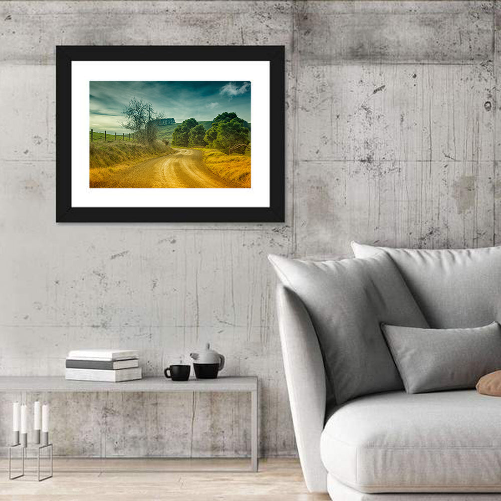 Golden Country Road Wall Art in a room, landscape
