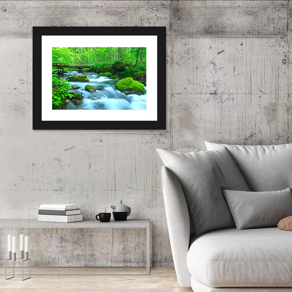 Mossy Forest Stream Wall Art in a room, landscape