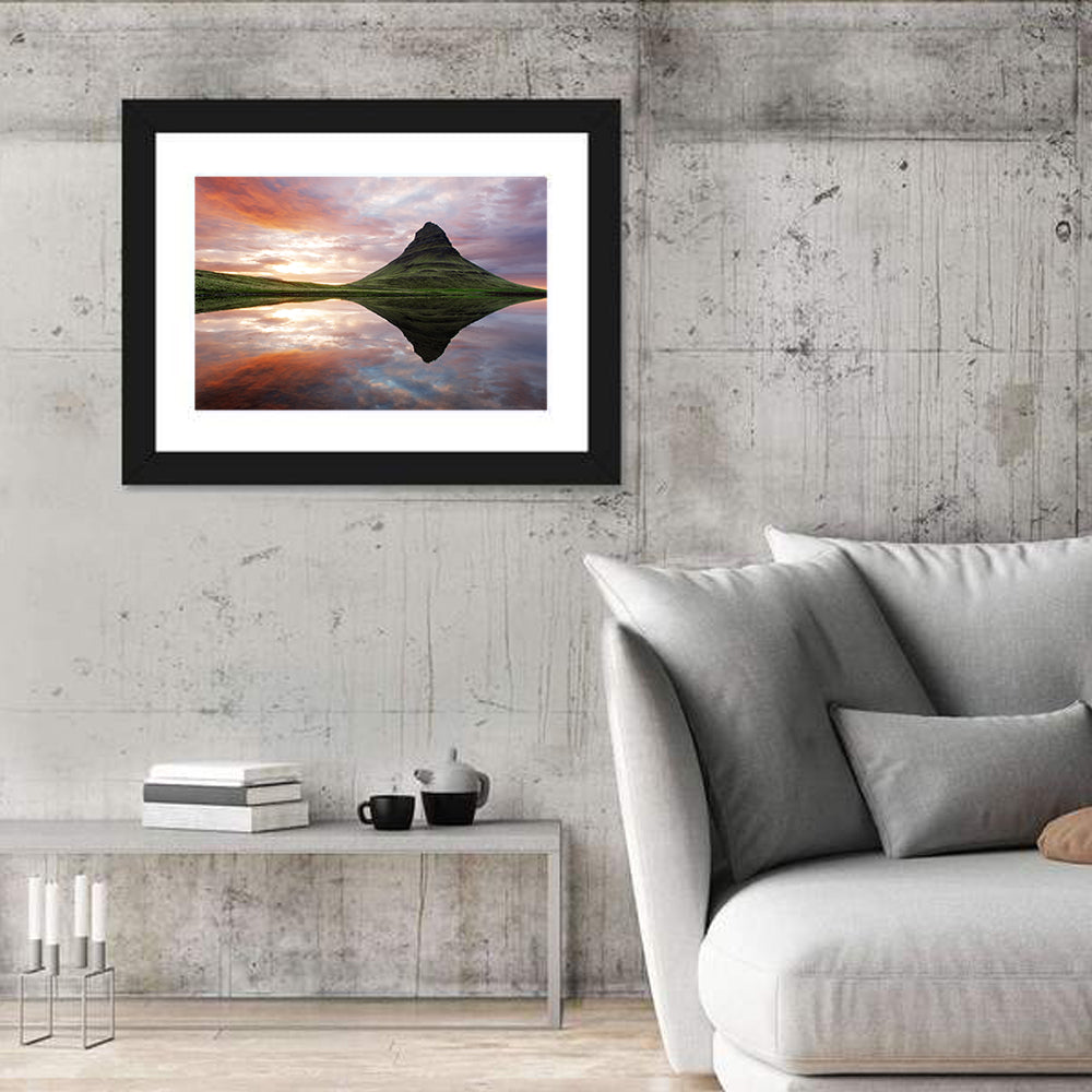 Kirkjufell Sunset Reflection Wall Art in a room, landscape