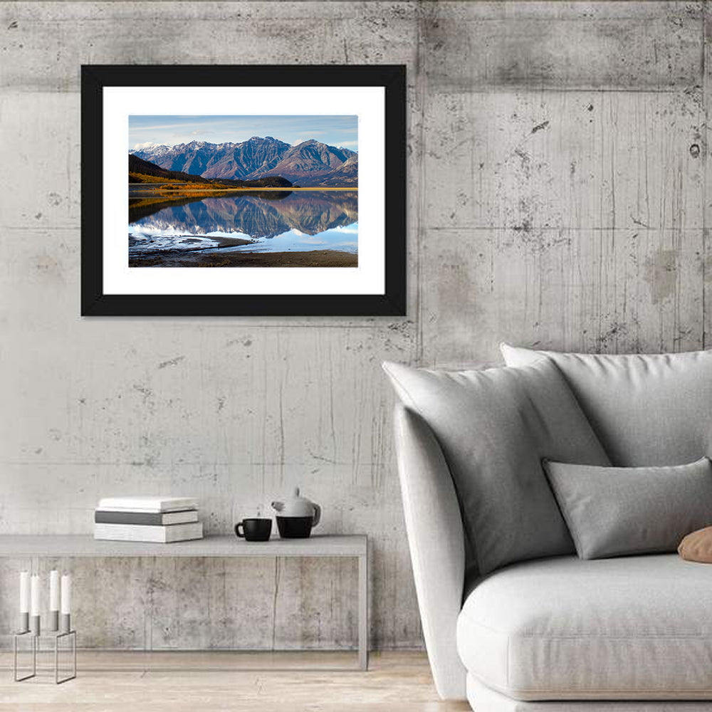 Kluane Lake Autumn Reflection Wall Art in a room, landscape