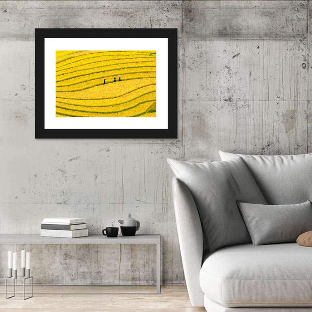 Golden Rice Terraces with Umbrellas Wall Art in a room, landscape