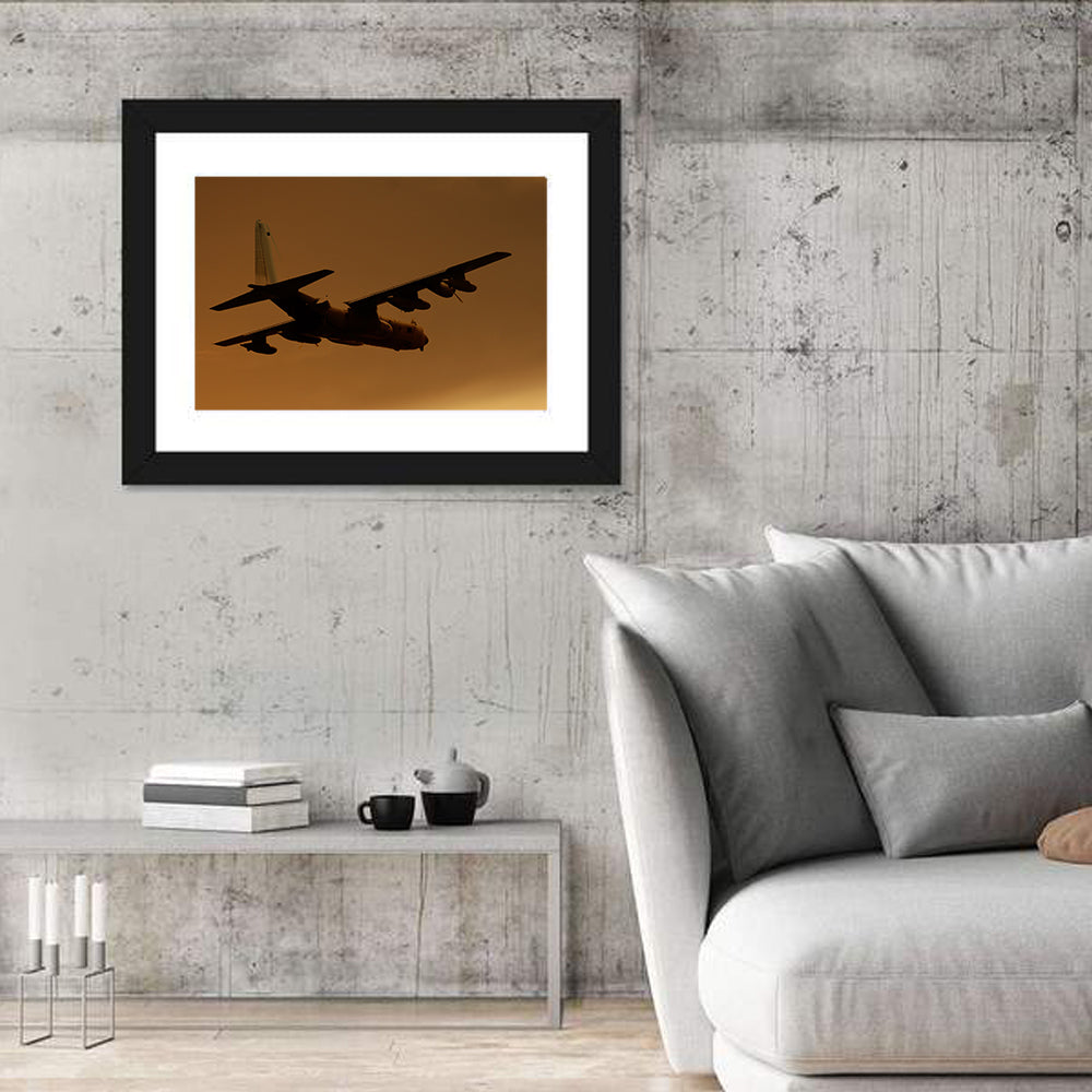 Turboprop Military Transport Silhouette Wall Art in a room, landscape