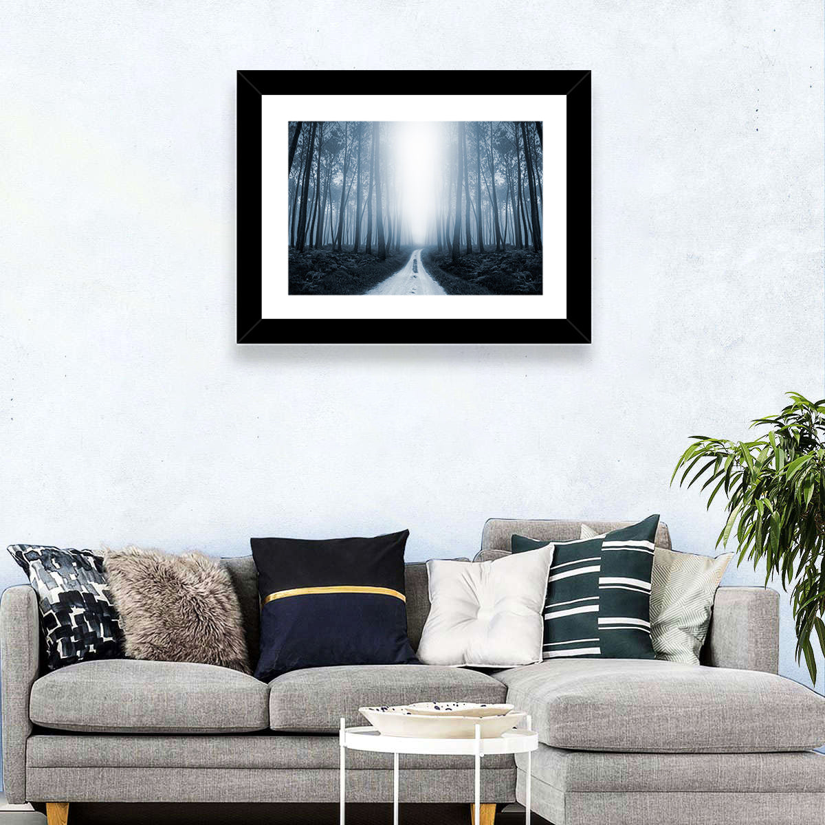 Misty Forest Road at Twilight Wall Art in a room, landscape