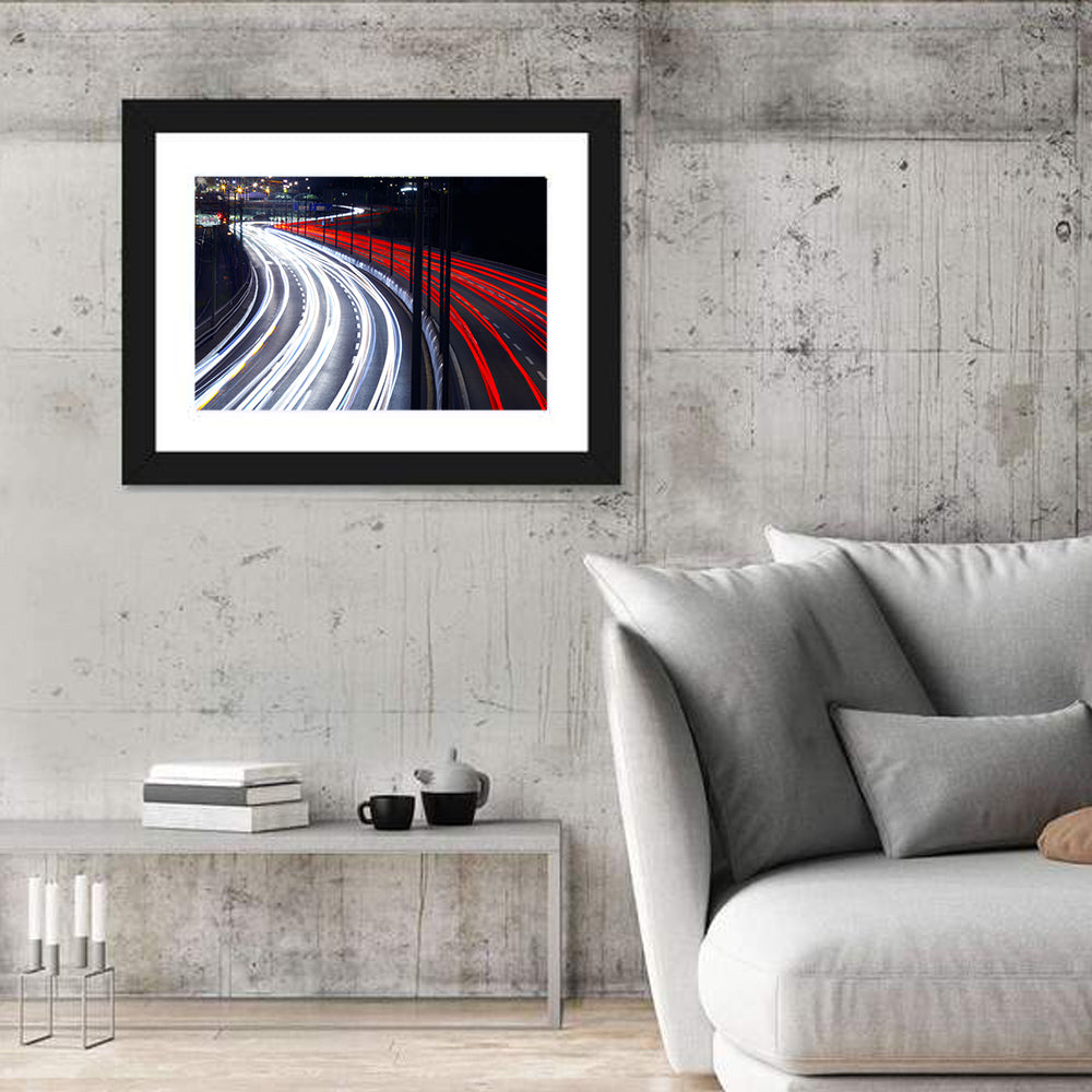 Night Highway Light Trails Wall Art in a room, landscape