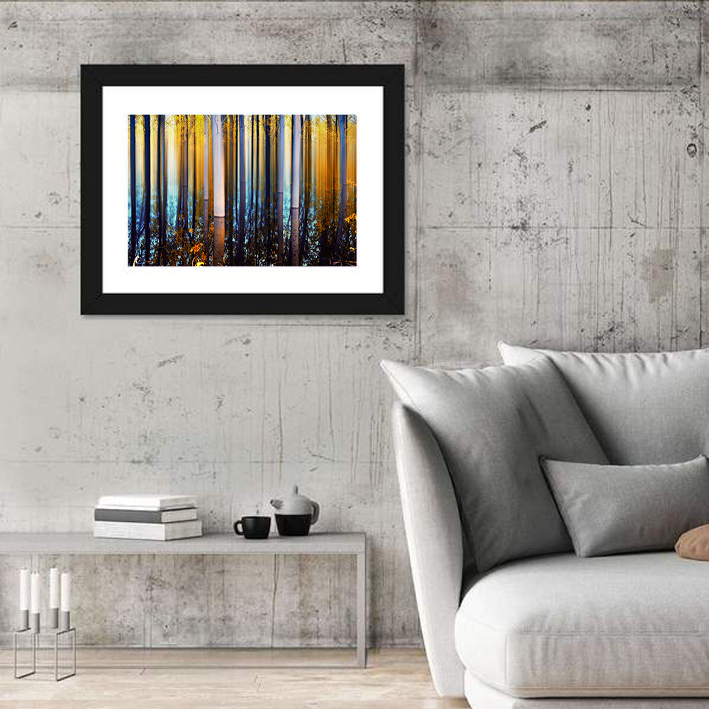 Ethereal Autumn Forest Reflection Abstract Wall Art in a room, landscape