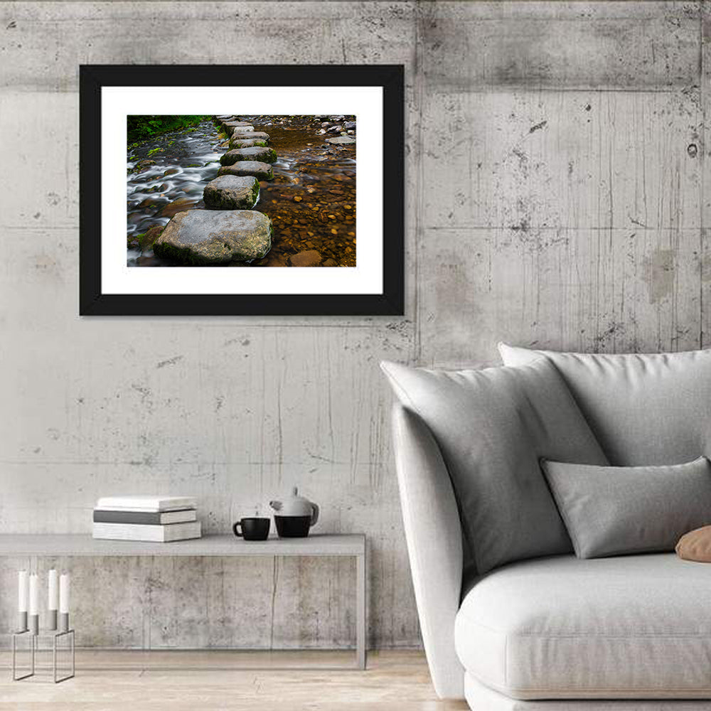 Mossy Stepping Stones Over Stream Wall Art in a room, landscape