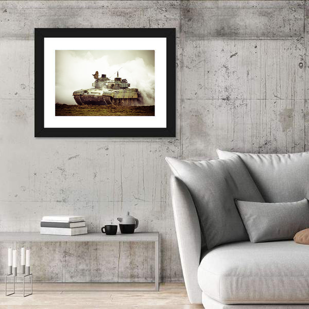 Camouflaged Battle Tank in Smoke Wall Art in a room, landscape